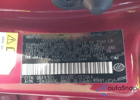 2017 Lexus Es 350 from USA, damaged, VIN 58ABK1GG0HU078444